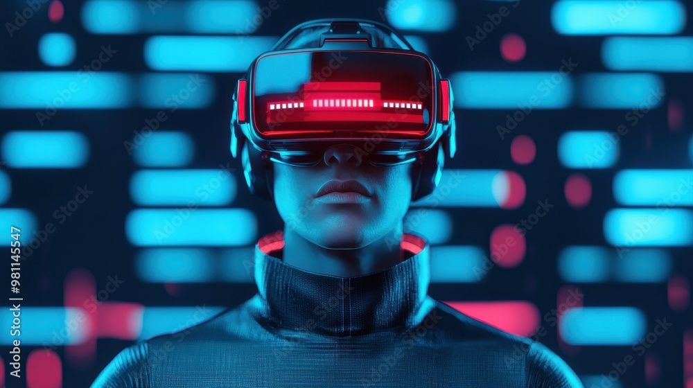 A futuristic individual wearing virtual reality goggles, immersed in a vibrant digital environment with neon lights. A futuristic individual wearing virtual reality goggles, immersed in a vibrant digital environment with neon lights.