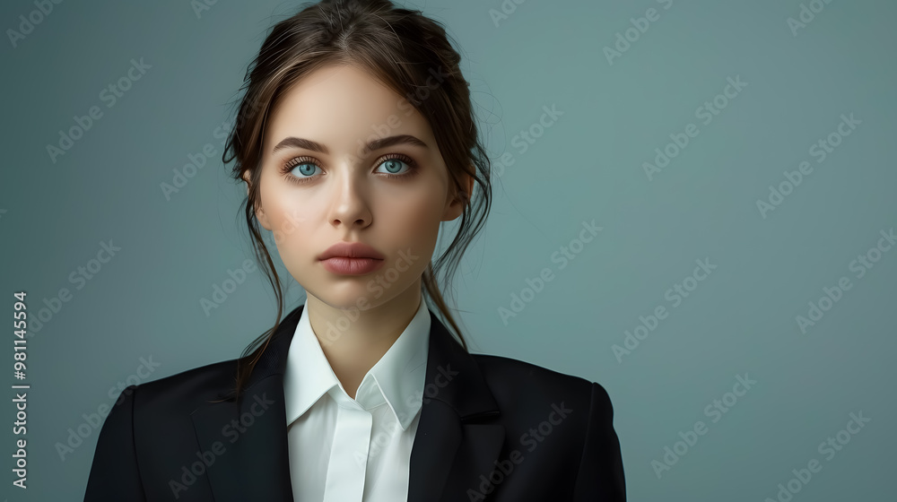 Confidence and charisma. Young business woman in suit looking at camera. Grey background Confidence and charisma. Young business woman in suit looking at camera. Grey background