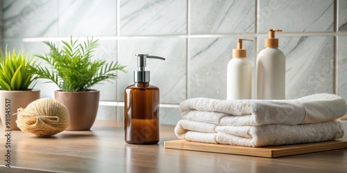 Ceramic shampoo soap bottle and towels on bathroom counter with copy space