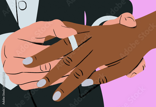 Two hands with one placing a wedding ring on another person's finger during a marriage ceremony.