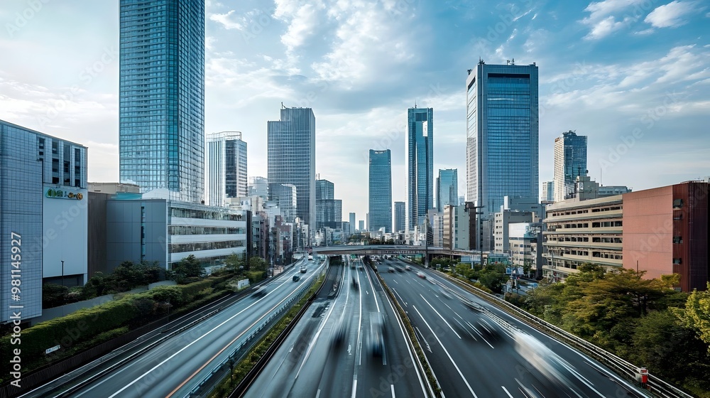 Fototapeta premium Towering Cityscape with Bustling Highway Traffic in Modern Metropolis