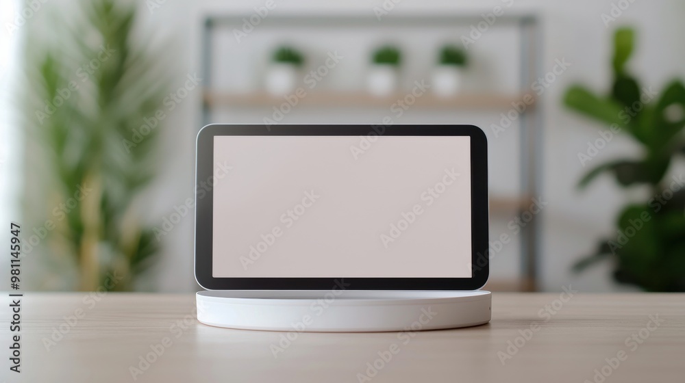 A modern tablet on a minimalist stand, showcasing a blank screen, ideal for displaying designs or advertisements. A modern tablet on a minimalist stand, showcasing a blank screen, ideal for displaying designs or advertisements.