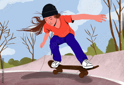 A young skateboarder glides along a skatepark ramp showing focus and balance. photo