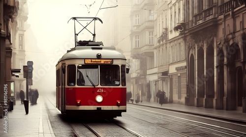 A vintage red tram travels through a foggy urban street, surrounded by historic buildings and a mysterious atmosphere.