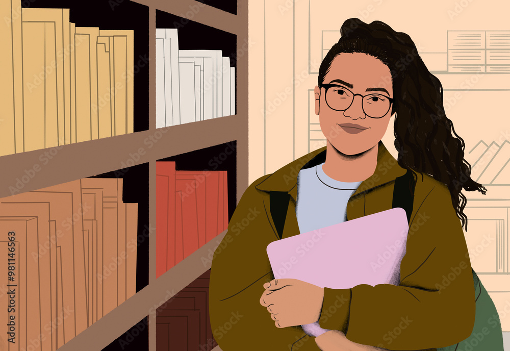 © Connect Images - Smiling young adult with glasses holding a pink notebook stands in front of a bookshelf.