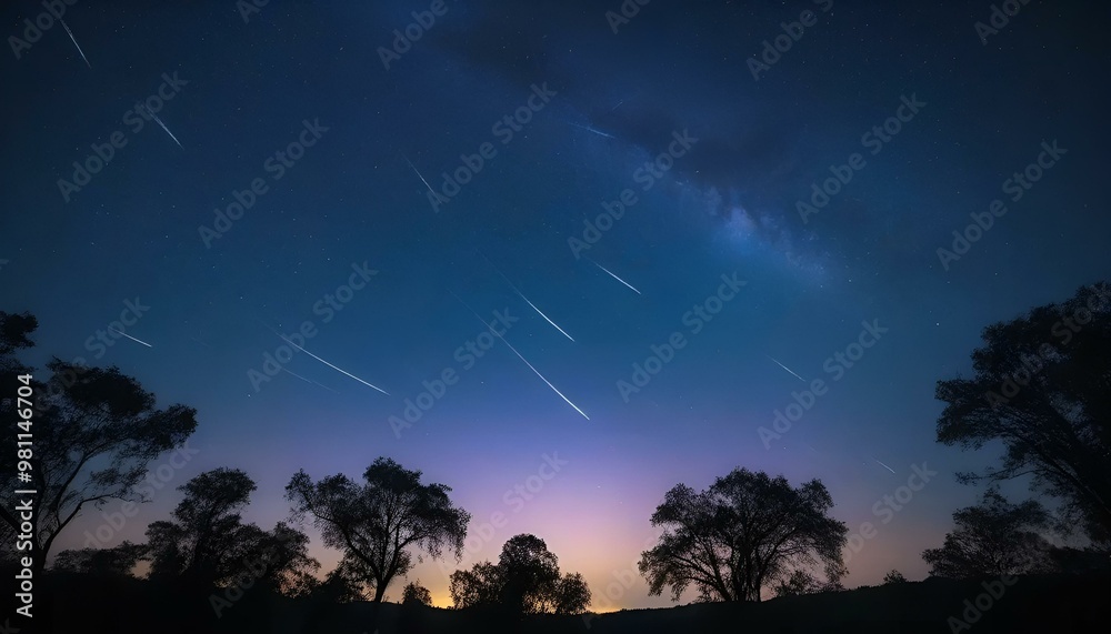 Naklejka premium Star trails over a serene landscape at dusk with silhouetted trees