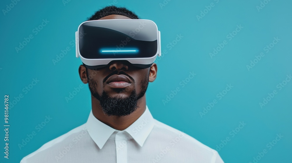 Focused man wearing virtual reality headset, exploring digital worlds with immersive technology against a vibrant blue backdrop. Focused man wearing virtual reality headset, exploring digital worlds with immersive technology against a vibrant blue backdrop.