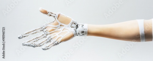 Advanced biomechanical arm with skinlike texture, fusing natural and synthetic materials, futuristic prosthetics concept photo