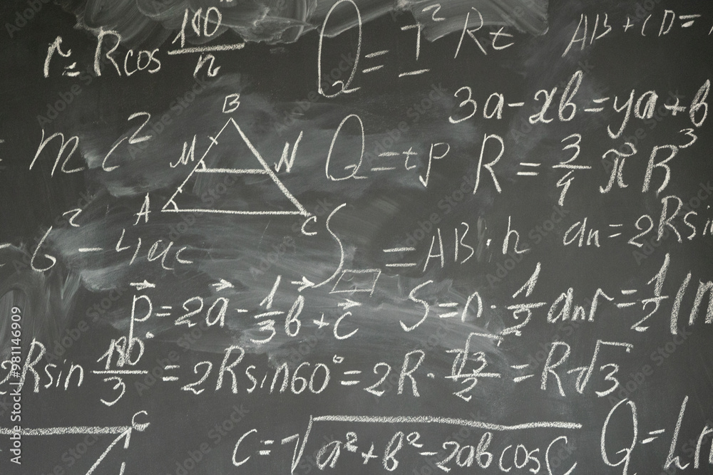with math formulas written in white chalk on black board background