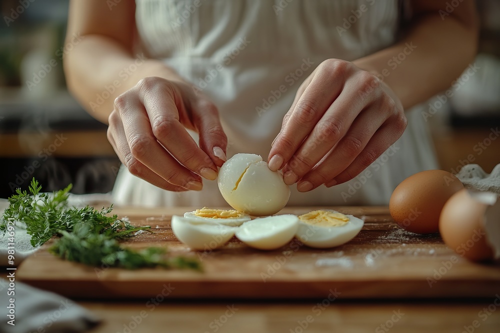 Woman preparing a keto breakfast with boiled egg Woman preparing a keto breakfast with boiled egg