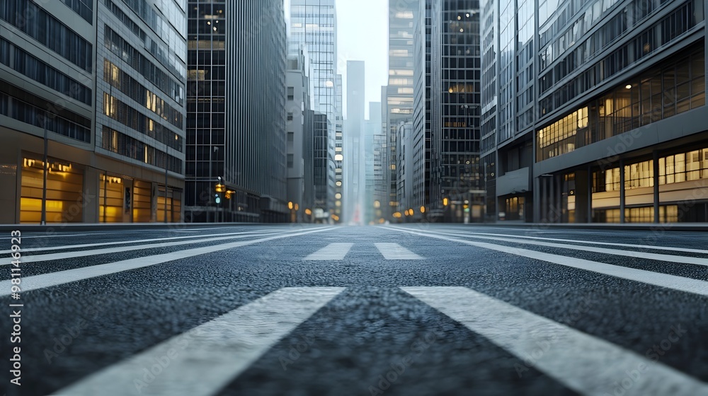 Dramatic Cityscape with Towering Skyscrapers and Empty Street Dramatic Cityscape with Towering Skyscrapers and Empty Street
