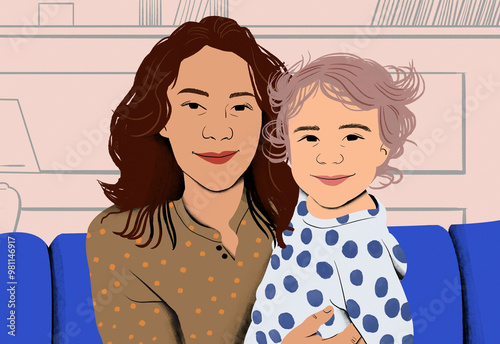 Mother and child smile while sitting together on a blue couch, depicted in a warm animated illustration.
