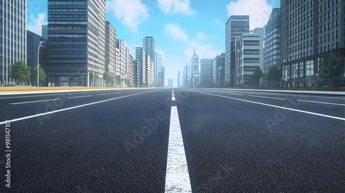 Bustling Urban Skyline with Towering Skyscrapers and Busy Roadway