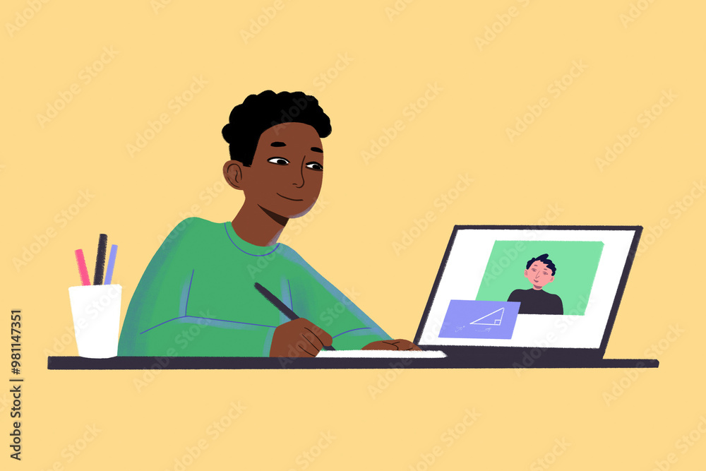 Young adult engages in a video call while taking notes beside a laptop on a desk with stationery. Young adult engages in a video call while taking notes beside a laptop on a desk with stationery.
