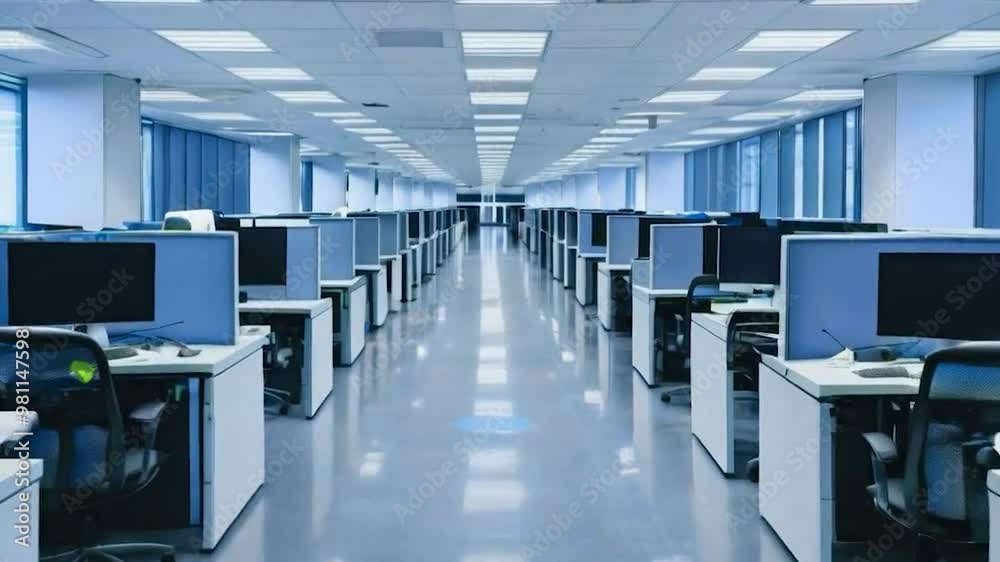 Empty Modern Office Space with Rows of Desks and Computers Empty Modern Office Space with Rows of Desks and Computers