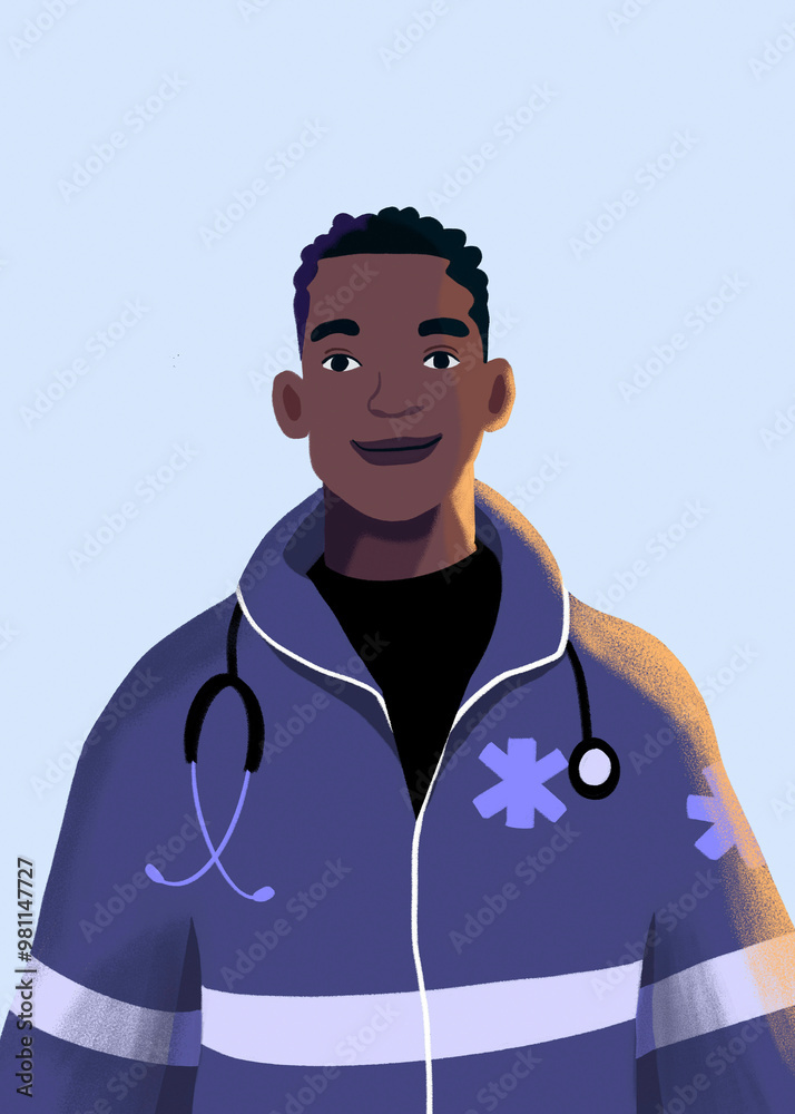 Smiling medical professional in a purple uniform with a stethoscope around the neck. Smiling medical professional in a purple uniform with a stethoscope around the neck.