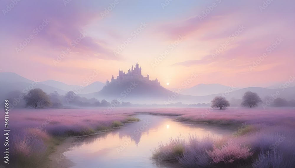 Fototapeta premium Fantasy landscape with a castle at sunset, serene mood, reflections in water