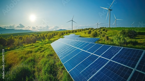 Renewable energy. Photovoltaic power plant and wind turbine farm. Green energy concept.