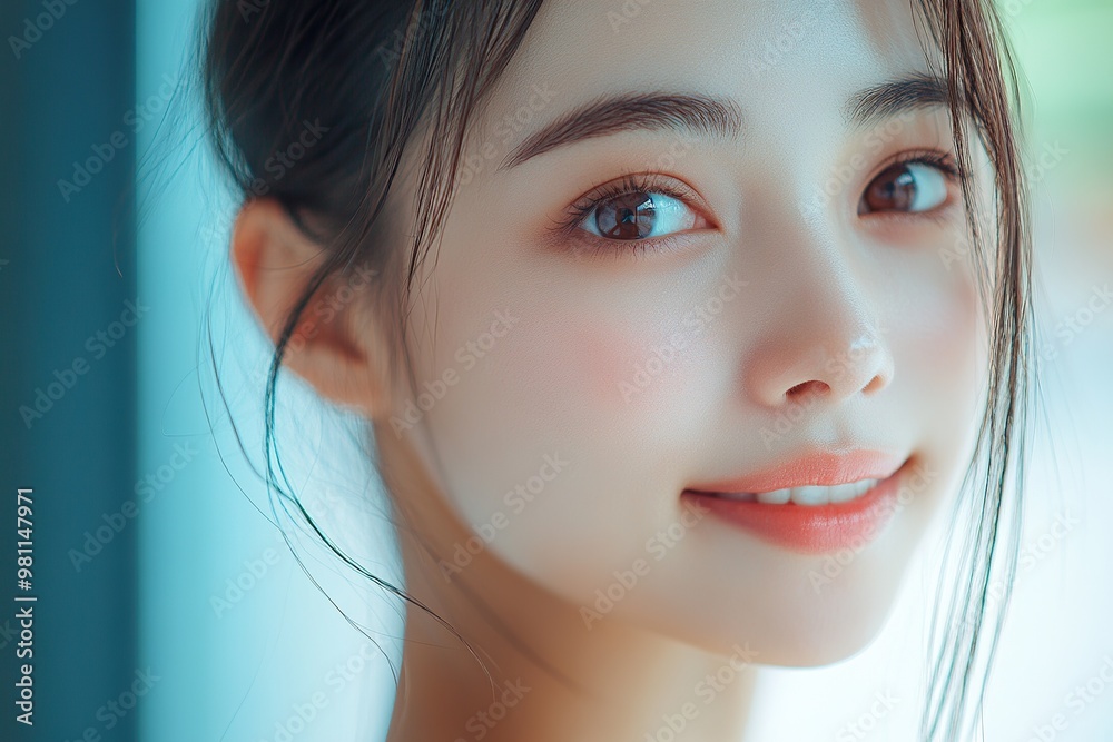 Smiling Asian Woman Looking at Mirror, Skincare and Beauty Concept