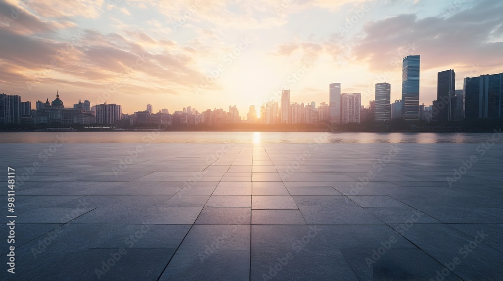 Stunning Cityscape Skyline with Skyscrapers at Sunset over River or Lake Stunning Cityscape Skyline with Skyscrapers at Sunset over River or Lake