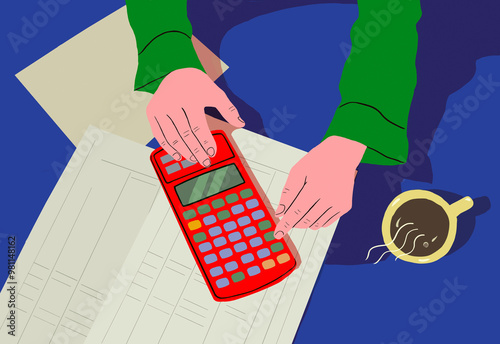 Close-up of hands using a red calculator on a document next to a spilt cup of coffee on a blue desk. photo