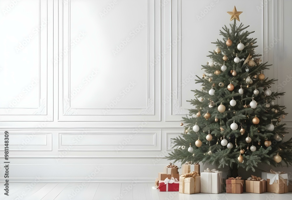 Christmas tree with ornaments and presents in front of a white wall with decorative molding. Christmas tree with ornaments and presents in front of a white wall with decorative molding.