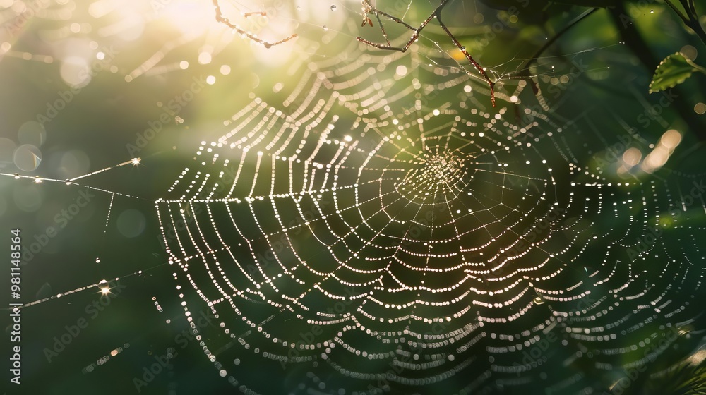 Dew-covered spider web, spider weaving in morning light, hyperrealistic, intricate details, natural lighting, serene and realistic Dew-covered spider web, spider weaving in morning light, hyperrealistic, intricate details, natural lighting, serene and realistic