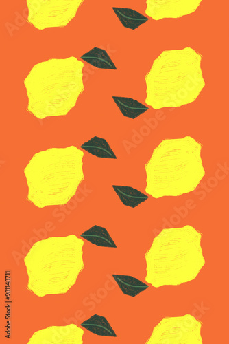 Hand-drawn lemons and leaves pattern on a vibrant red background. photo