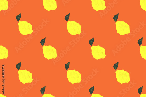 Seamless pattern of vibrant yellow lemons and green leaves on an orange background, evoking a fresh, summery, and zesty vibe photo