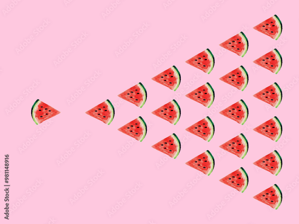 Watermelon slices forming a diagonal pattern on a pink background. Watermelon slices forming a diagonal pattern on a pink background.