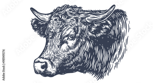 Cow, bull, beef. Vintage retro print, black white cow, bull, beef sketch ink pencil drawing, engrave old school. Sketch artwork silhouette head cow. Side view profile beef bull. Vector Illustration