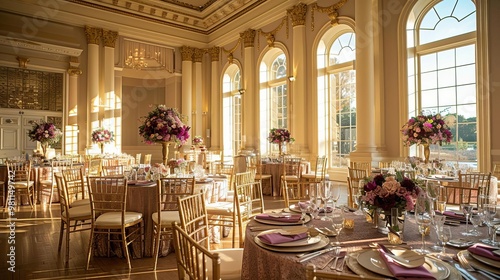 Dustyrose and purple floral Regencycore Manor Ballroom, gilded mirrors, spring natural light, floral china, patterned furniture, expansive view photo