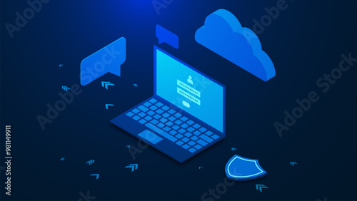 Data protection website concept with laptop, personal password, cloud, shield and chat bubble in isometric style. Online security concept