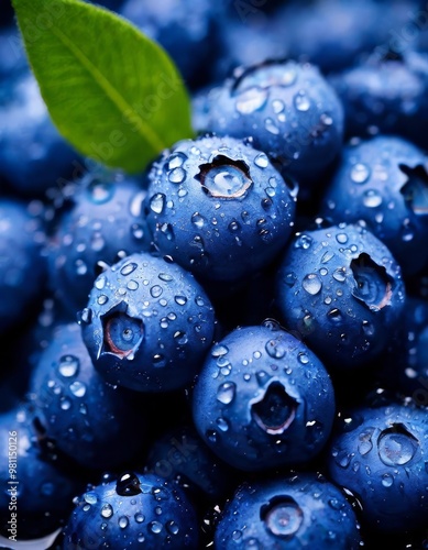 A vibrant close-up of fresh blueberries covered in water droplets, highlighting their juicy texture. A single green leaf adds a touch of nature, enhancing the freshness of the image.