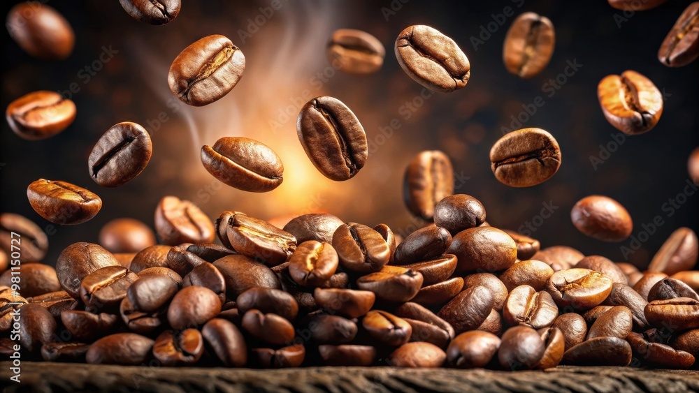 Flying coffee beans on background, quirky and unique concept for coffee lovers and caffeine enthusiasts Flying coffee beans on background, quirky and unique concept for coffee lovers and caffeine enthusiasts