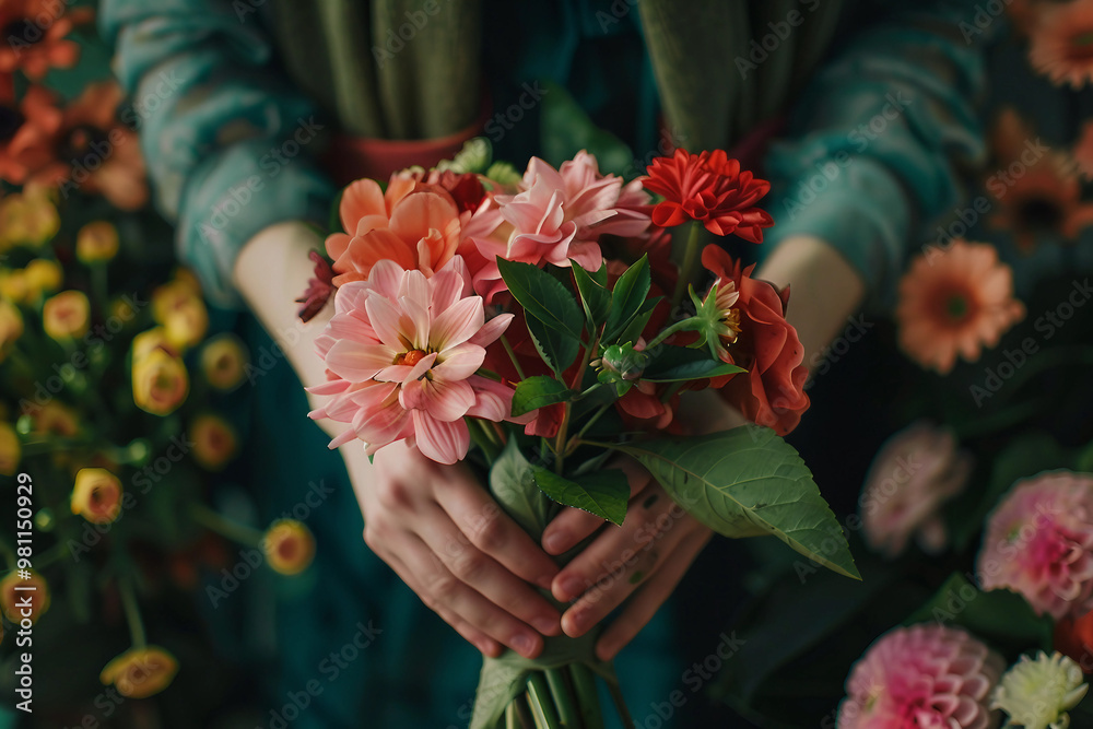 Beautiful scenic flower store shop with its owner nursing blossom arranging bouquet, Generative AI Beautiful scenic flower store shop with its owner nursing blossom arranging bouquet, Generative AI