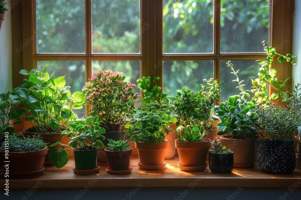 lush array of potted houseplants lines a sunlit windowsill varied leaf shapes and shades of green create a vibrant indoor jungle with raindrops glistening on the window pane