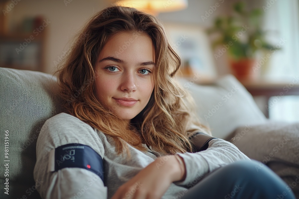 Young Woman Checking Blood Pressure with Digital Monitor on Couch Young Woman Checking Blood Pressure with Digital Monitor on Couch