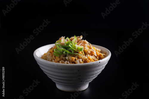 Japanese fried rice yakimeshi isolated in black background photo