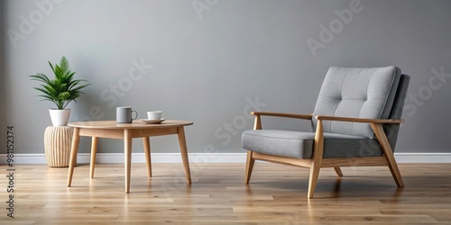 Stylish grey wooden chair and trendy wooden coffee table in empty living room interior