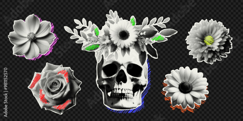 Vector skull, flowers and neon doodles isolated on transparent background. Trendy elements with a halftone effect for collage, poster, banner, cover design in y2k style.