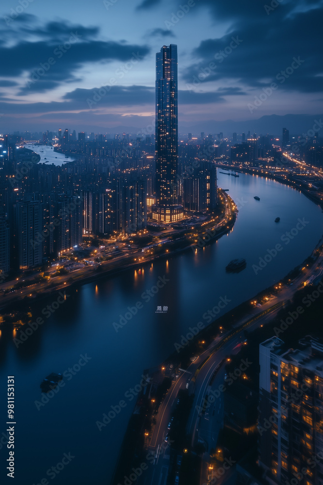 Fototapeta premium Night city lights reflecting on the river