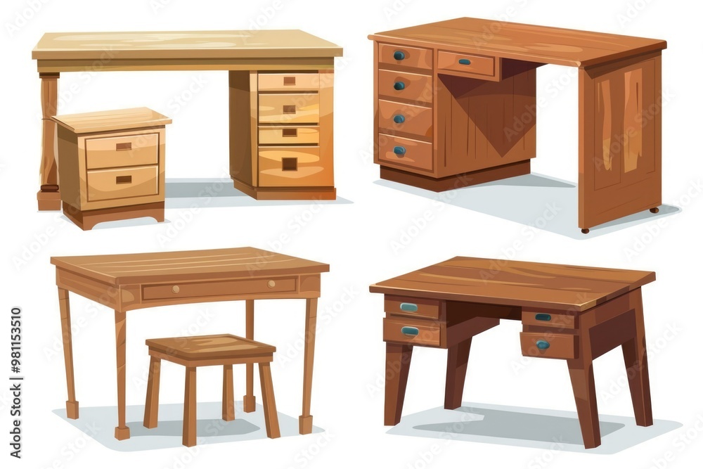 A collection of wooden pieces forming a desk and chair, suitable for office or home use