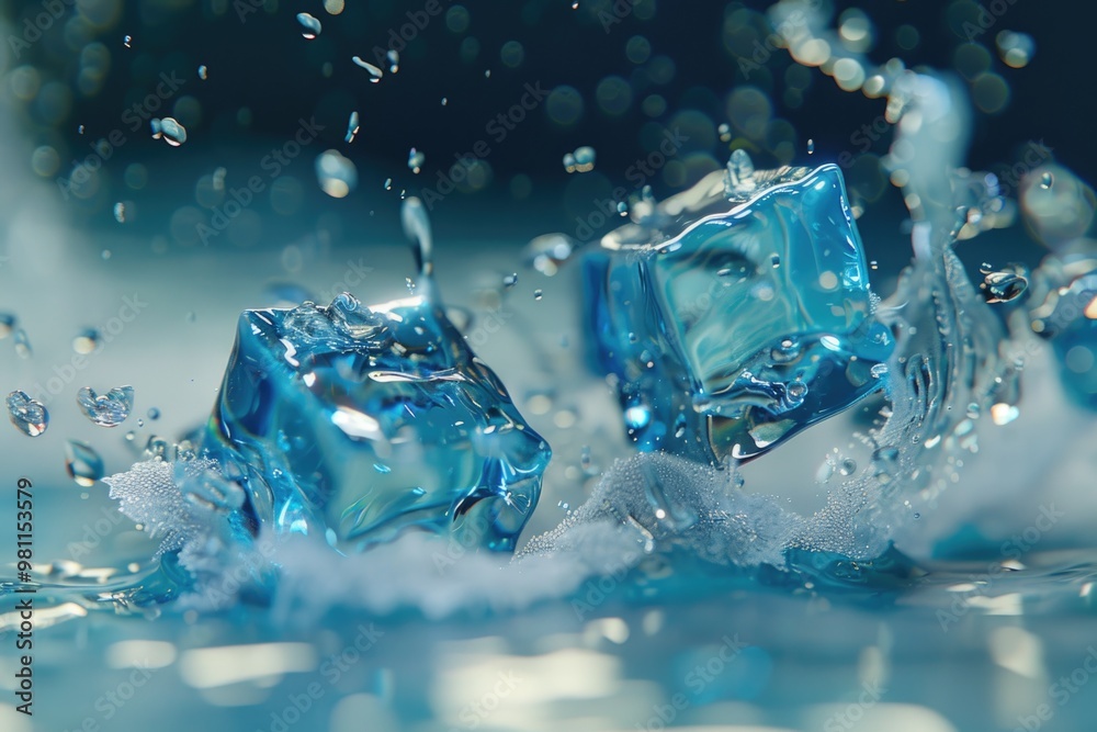 Frozen ice cubes breaking apart in a pool of water, perfect for aquatic or summer-themed concepts Frozen ice cubes breaking apart in a pool of water, perfect for aquatic or summer-themed concepts