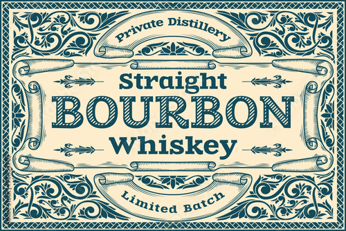 Bourbon Whiskey - ornate vintage monochrome decorative label