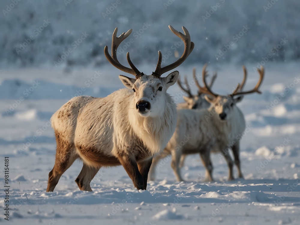 Arctic reindeer in deep snow with visible breath Arctic reindeer in deep snow with visible breath