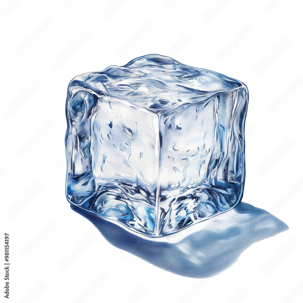 Obraz premium A cube of ice is shown in a transparent background. The ice cube is clear and has a smooth surface. Concept of stillness and calmness, as the ice cube appears to be frozen in time