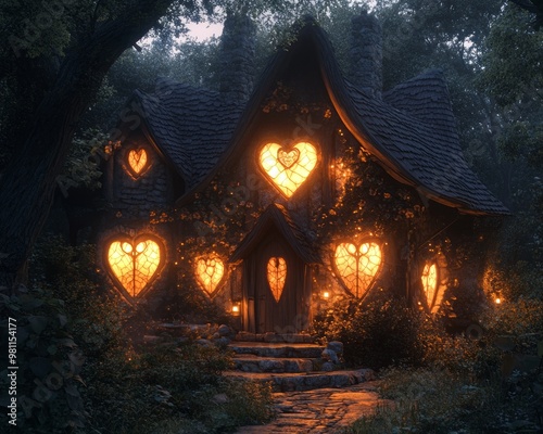 A charming cottage with heart-shaped windows glows with warm light in a misty forest.