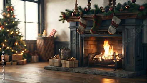 3D Soft Focus Cozy Christmas Scene with Fireplace, Stockings & Decor - Warm Inviting Atmosphere with Ample Copy Space for Holiday Messages, Isolated on White Background