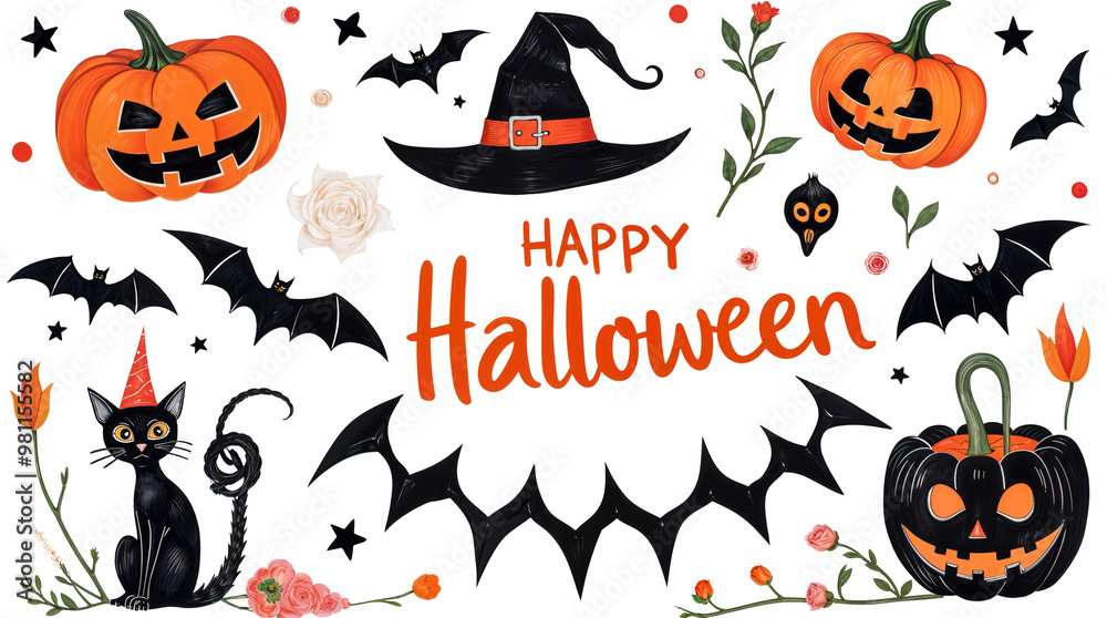Spooky Halloween Clip Art Set. Happy Halloween! Watercolor Illustration Set with Pumpkins, Bats, Black Cat, and Witch Hat. Isolated on Transparent Background. Spooky Halloween Clip Art Set. Happy Halloween! Watercolor Illustration Set with Pumpkins, Bats, Black Cat, and Witch Hat. Isolated on Transparent Background.